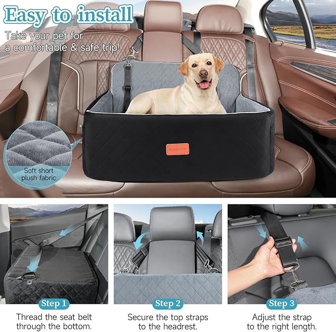 Dog Car Seat for Medium/Large Dogs, Pet Booster Seat for Under 55 lbs or 2 Small Dogs, Detachable & Washable Dog Car Bed for Backseat with 2 Safety Leashes (Black/Grey)-PawvioPets
