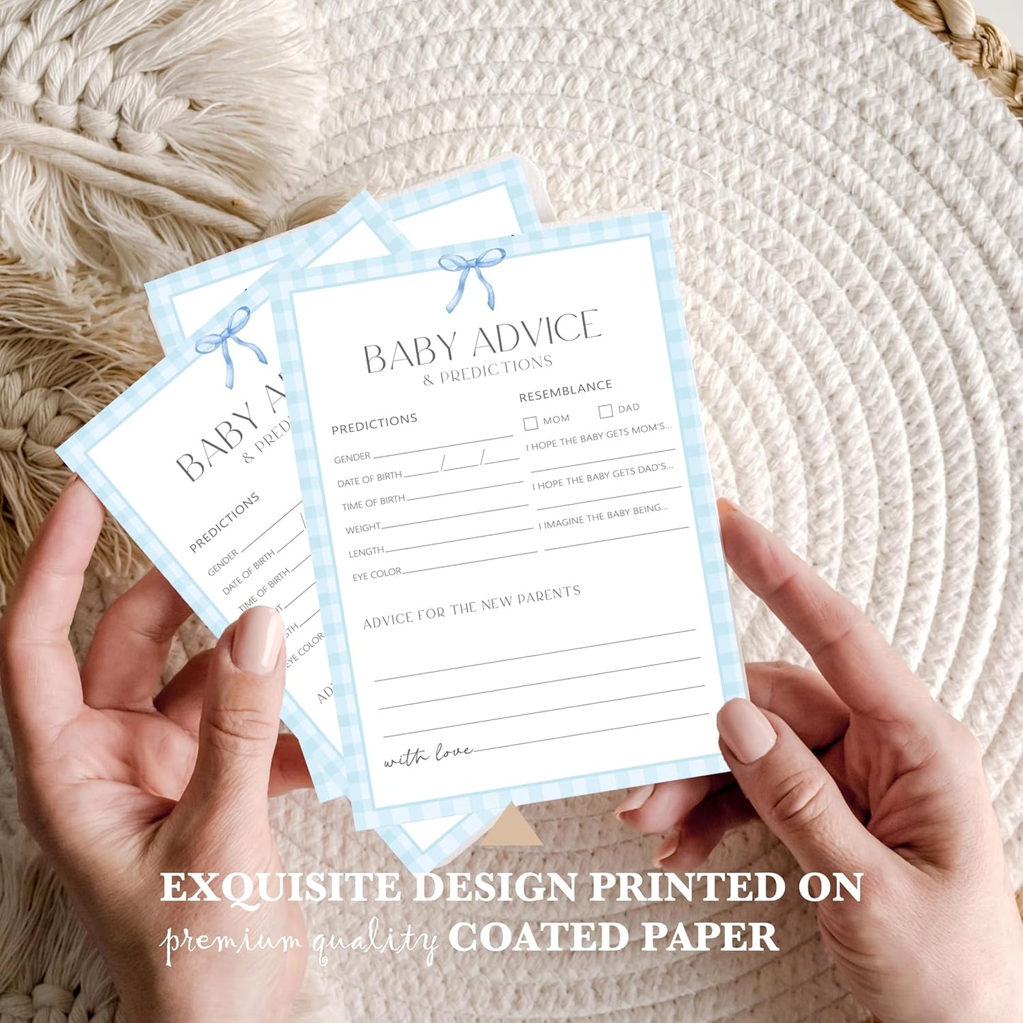 Advice For New Parents Baby Shower, Baby Predictions & Advice Cards For Baby Shower Games Activities, Wishes for Baby, 25 Double-Sided Thick Cards – Blue Bow A01