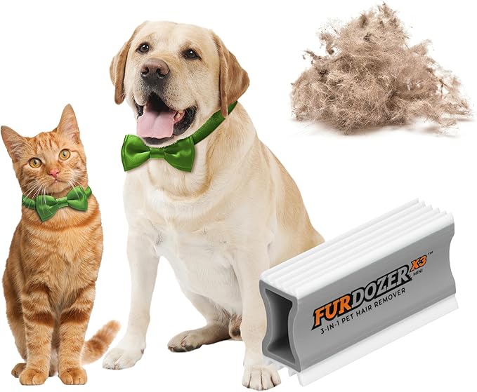 FurDozer X3 MINI Pet Hair Remover & Auto Detailing Tool - Cat & Dog Hair Remover for Carpet, Car Interior, Couch, Bedding, & Furniture - Reusable Pet Hair Removal Tool for Dog Fur & Lint, 3.5", Grey-PawvioPets