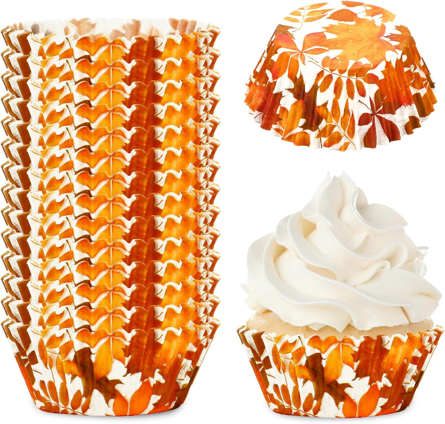 Whaline 300Pcs Fall Cupcake Liners Orange Maple Leaves Paper Baking Cups Thanksgiving Watercolor Leaves Paper Cake Muffin Liner Cupcake Wrappers for Autumn Harvest Party Supplies, 2x1.2 Inch