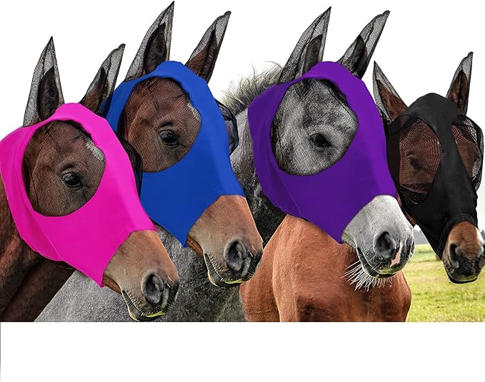 Frienda 4 Pcs Horse Fly Masks with Ears Head Fly Masks for Horses Smooth Elastic UV Protection Cover from Summer Insect Pests(Large,Purple, Blue, Pink, Black)-PawvioPets