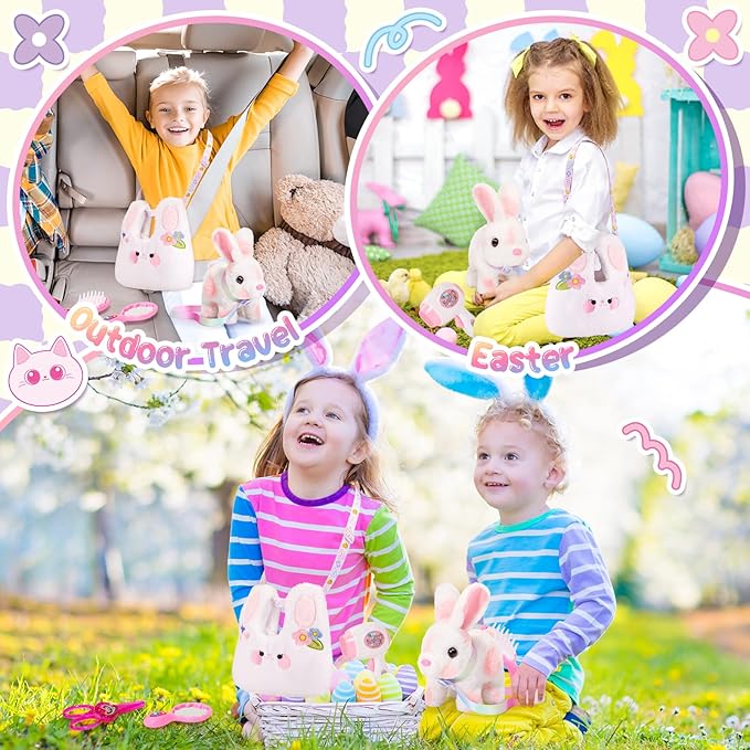 Easter Bunny Toys for Kids with Crossbody Bags, Easter Basket Stuffers Interactive Hopping Wiggle Ears Rabbit Toy, Pretend Play Robot Pet Care Cute Stuff for Girls Trip Plushies Birthday Gifts-PawvioPets