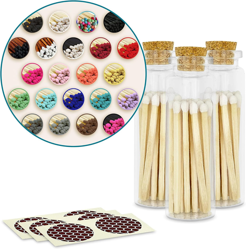 Thankful Greetings 2" Matches in 3 Glass Bottles Cork Top, Striker Stickers Included | 60 Matchsticks Color of Your Choice | Decorative Safety Matches w/Small Glass Holder | Gifts & Home Decor