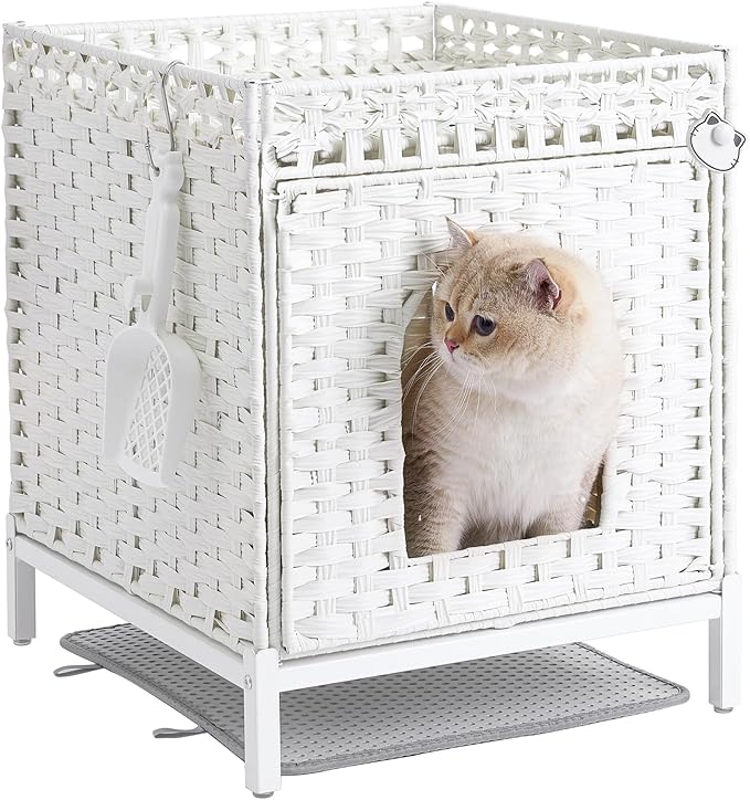 Cat Litter Box Enclosure Hidden Litter Box Furniture with Metal Heightened Feet, Rattan Handwoven Cat House with Litter Mat, Hidden Litter Box Furniture for Bedroom Living Room White-PawvioPets