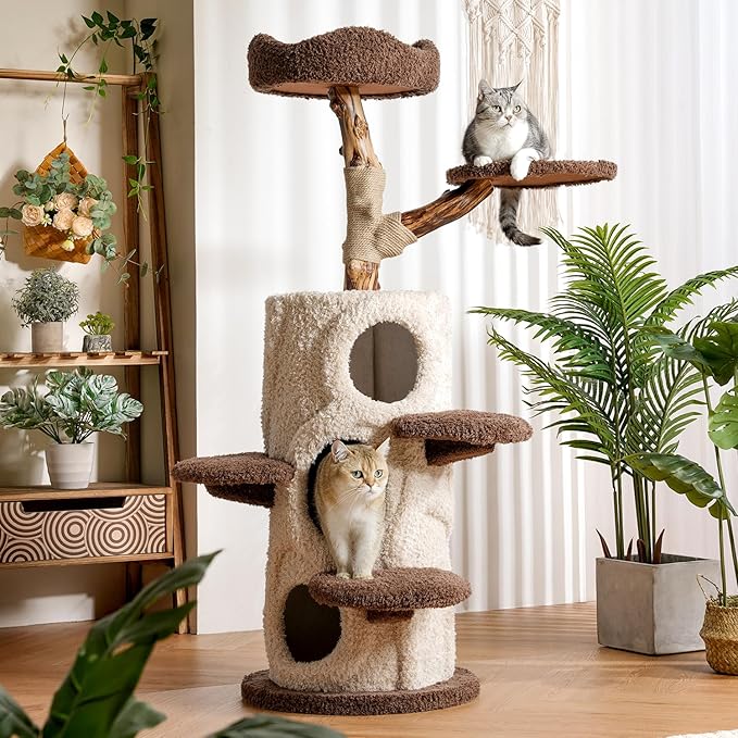 54.7'' Modern Cat Tree for Indoor Cats Large Adult, Wood Cat Tree with 3 Spacious Condos, Luxury Cat Tower with Cozy Perch, Scratching Post, Sturdy Kitty House Furniture for Small Medium Large Cats-PawvioPets