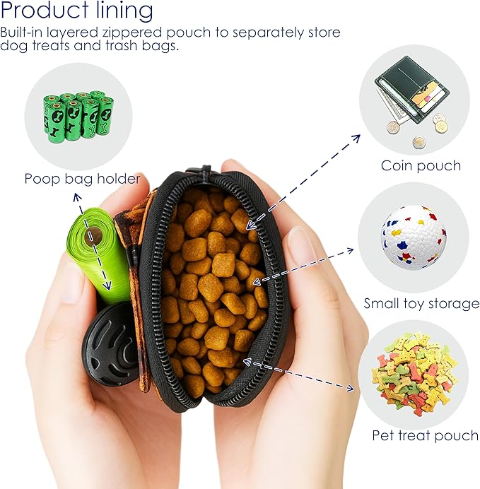 Dog Treat Pouch for Pet Walking and Training with Clicker Poop Bags and Double Bag Design Small Fanny Zipper Pack Holder for Puppy Snack Dispenser Kit for Leash and Outdoor Use Leopard Print-PawvioPets