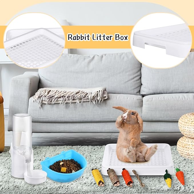19 Pcs Rabbit Starter Kit Small Bunny Litter Box Animal Grooming Kit Water Bottle Bunny Toys Hay Feeder Bowl Blankets with Cleaning Set for Guinea Pig Rabbit Accessories (White)-PawvioPets
