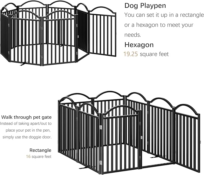 BHG Metal No-Assembly Freestanding Dog Gate with Door Walk Through, Extra Wide 96", Extra Tall 32" Pet Gate, Accordion Puppy Folding Playpen Dog Fence, with 2PCS Support (Black, 8 Panels)-PawvioPets
