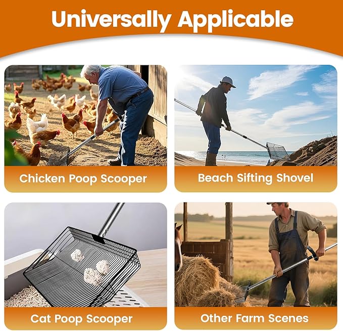 15 inch Extra Large Chicken Poop Scooper with Ergonomic Grip,5-in-1 Heavy Duty Adjustable Coop Scoop for Poop (24 to 68"), Stainless Steel Sifting Litter Shovel Scoop for Chicken Coop-PawvioPets