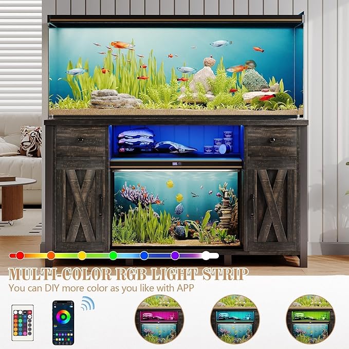 75 Gallon Fish Tank Stand with LED Light & Power Outlets, 55-75 Gallon Heavy Duty Metal Aquarium Stand with Drawers & Barn Doors, Cabinet for 2 Fish Tank Accessories Storage, Dark Oak-PawvioPets