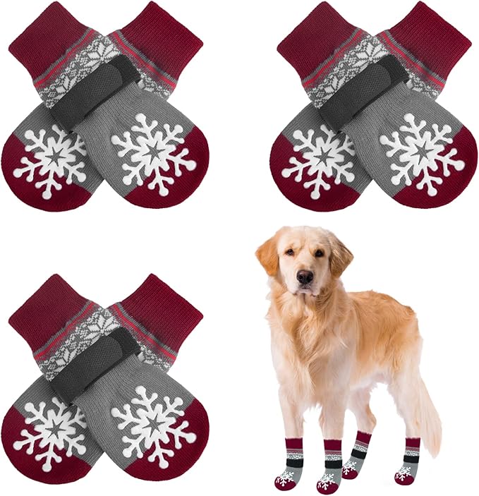 BEAUTYZOO Christmas Winter Anti-Slip Dog Socks with Grips Traction Control for Small Medium Large Dogs, Non Skid Indoor Double Side Pet Paw Protector for Hardwood Floor Wear, Snowflake M-PawvioPets