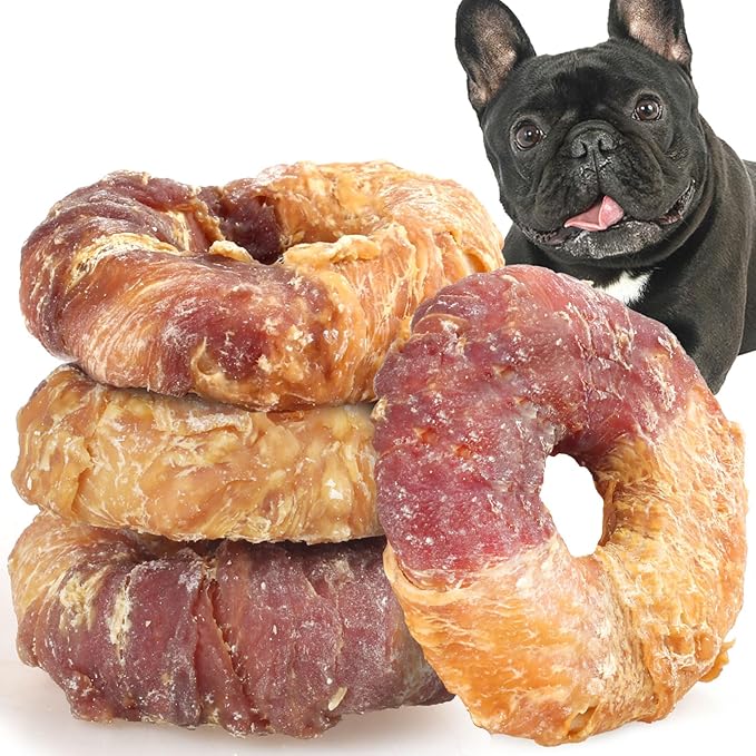 ASMPET Dog Treats Chews, Chicken & Duck Wrapped Rawhide Donuts Dental Care Chews for Small Medium Large Breed Aggressive Chewers (Pack of 4)-PawvioPets