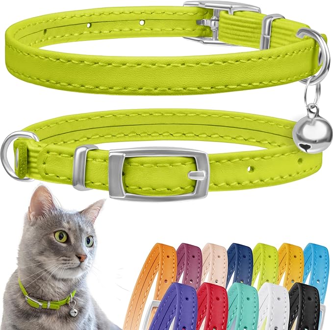 CollarDirect Leather Cat Collar, Kitten Collar with Removable Bell Black Blue Red Orange Lime Green (8-11 Inch, Lime Green)-PawvioPets