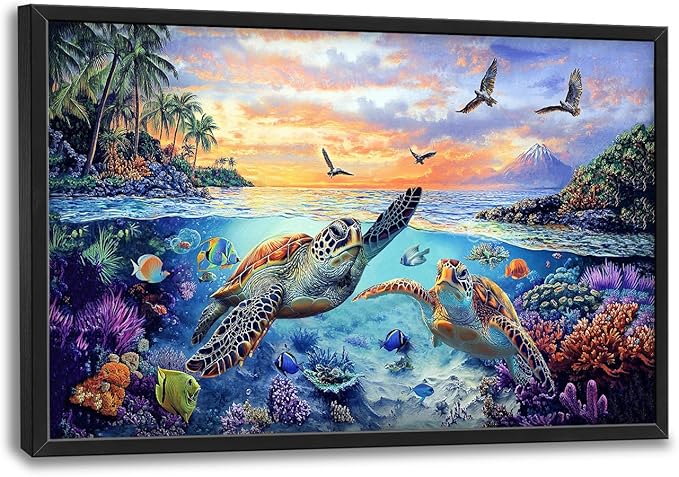 Framed Large Sea Turtle Wall Art for Living Room, Oversized Ocean Turtle Wall Decor Seascape Underwater Marine Life Canvas Painting Home Decoration for Living Room Bedroom Office 36"x24"-PawvioPets