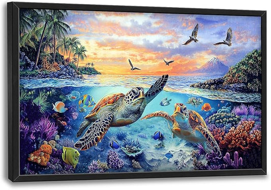 Framed Large Sea Turtle Wall Art for Living Room, Oversized Ocean Turtle Wall Decor Seascape Underwater Marine Life Canvas Painting Home Decoration for Living Room Bedroom Office 36"x24"-PawvioPets
