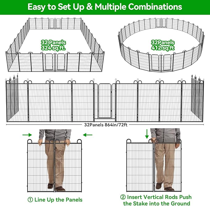 Dog Playpen Outdoor 32 Panels Heavy Duty Dog Fence 47" Height Anti-Rust with Doors Portable for RV Camping Yard, Total 71FT, 406 Sq.ft, Snowy Black-PawvioPets