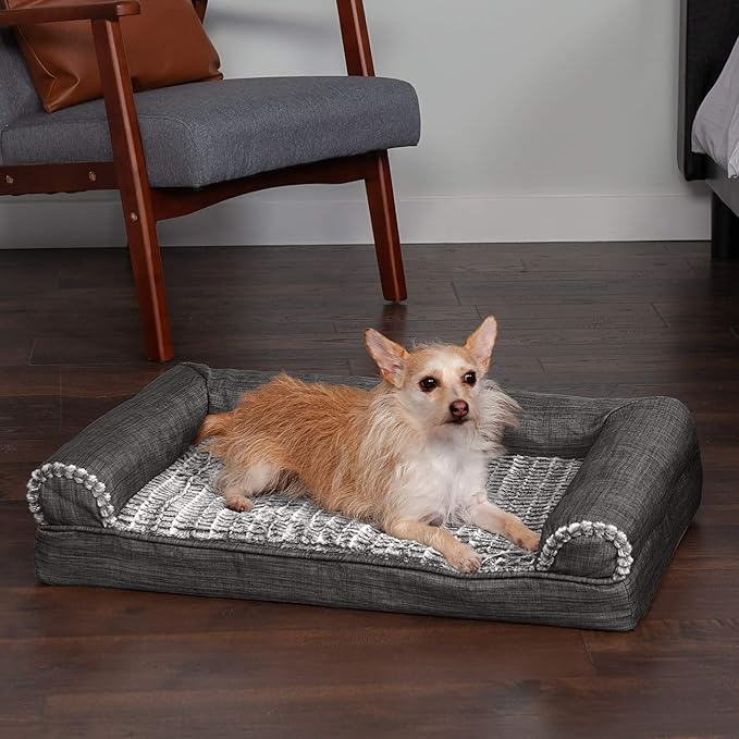 Furhaven Orthopedic Dog Bed for Medium/Small Dogs w/ Removable Bolsters & Washable Cover, For Dogs Up to 35 lbs - Luxe Faux Fur & Performance Linen Sofa - Charcoal, Medium-PawvioPets
