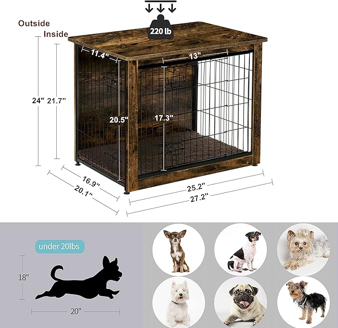 DWANTON Dog Crate Furniture with Cushion, Wooden Kennel Table with Double Doors, Indoor Dog House, Small/Medium/Large/Extra Large Size, 27.2" L, Rustic Brown-PawvioPets