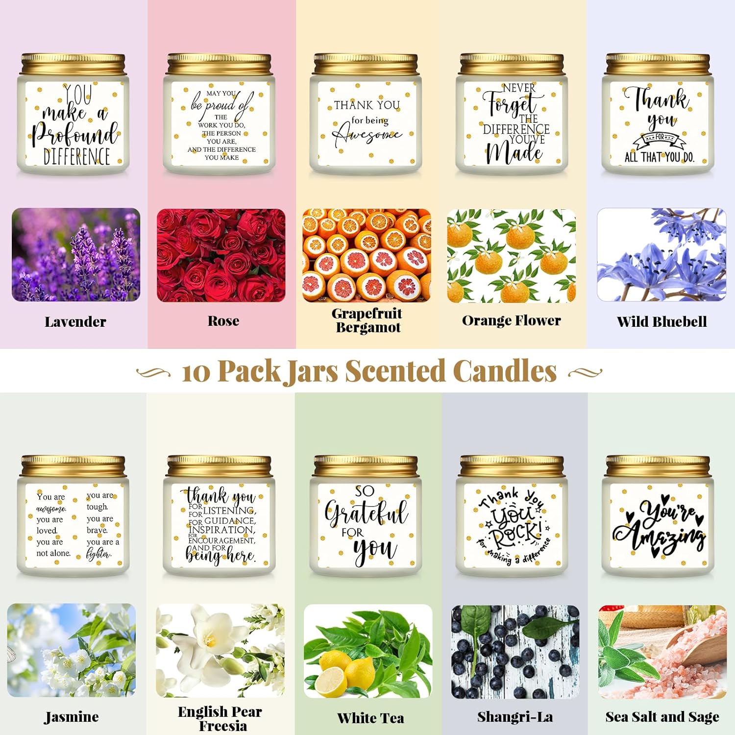 Roowest 10 Jars Thank You Gift Candles 3.5 oz Employee Appreciation Gifts Bulk Soy Wax Jar Inspirational Candle Thank You for Coworkers Employee Women Teacher Volunteers(White,Polka Dot Style)