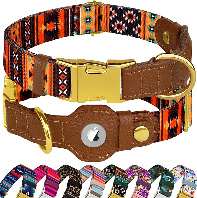 AirTag Dog Collar for Small Medium Large Breed - Adjustable Cute Pattern Dog Collar with Airtag Holder - Soft Leather Tracker GPS Apple Air Tag Pet Collars (Medium, 14"-18" Neck Fit, Western)-PawvioPets