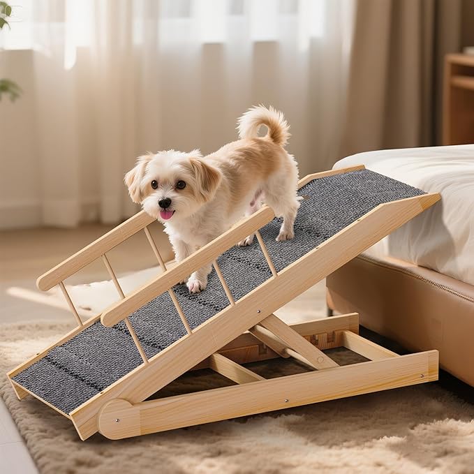 Dog Ramp for Bed, 47" Long Non-Slip Portable Pet Ramp for Small Large Dogs, Wooden Adjustable Dog Ramps for Bed, Couch, Car -Non Slip Carpet Surface and Foot Pads, Height from 12" to 24", Up to 200LBS-PawvioPets