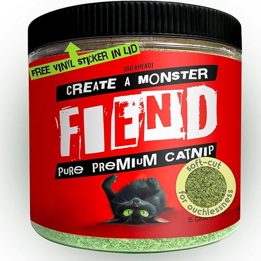 Fiend Catnip Safety-Cut 100% Pure Potent Fine Cat Nip for Cats & Kittens – Ultra Potent, North American – 1 Cup (34.5g) Canister – Go Ahead, Create a Monster!-PawvioPets