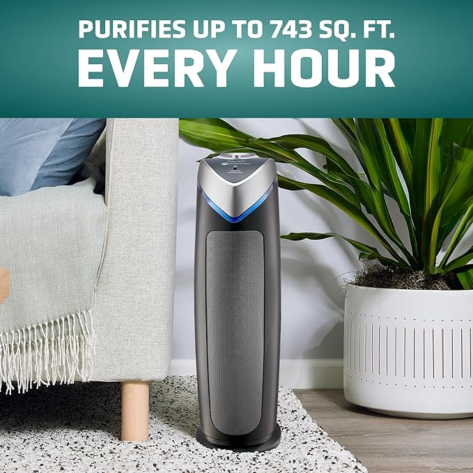 GermGuardian 4-In-1 HEPA Air Purifier for Home, Large Rooms Up To 743 Sq. Ft. with HEPA Air Filter, UV-C Light & Odor Reduction, AC4825E, 22" Tower, Gray-PawvioPets