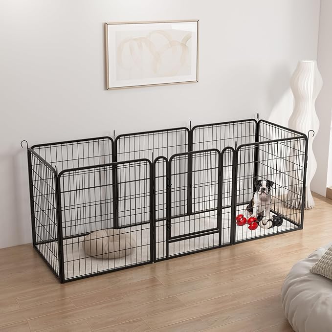 Dog Playpen, Outdoor Dog Fence, 8 Panels, 32" H Dog Pen for Medium/Small Dogs, Heavy Duty Metal Pet Fence with Gate, Portable Dog Fence for RV Camping and Yard (Black)-PawvioPets