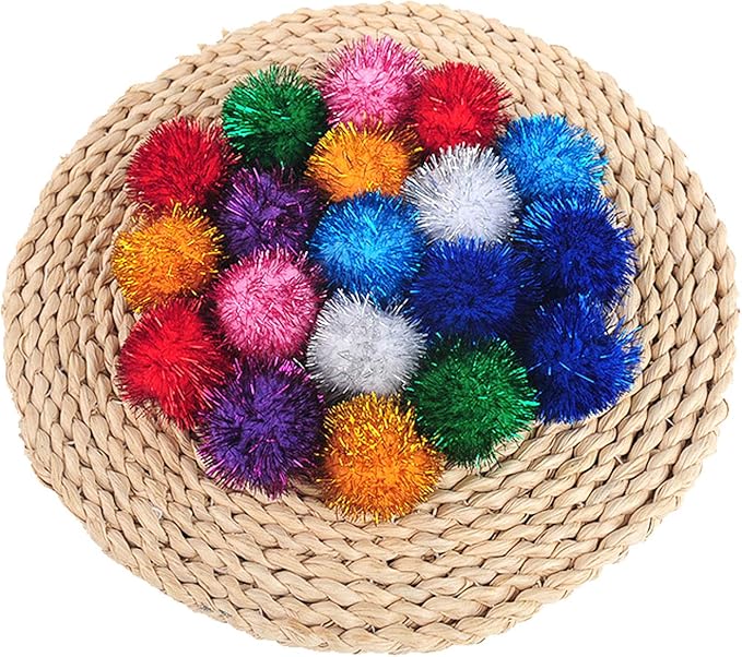 20 Pack 2 Inches Sparkle Balls for Cats, Large Size, Glitter Pom Poms Fuzzy Balls for Cats, Kitten Indoor Assorted Color Random-PawvioPets