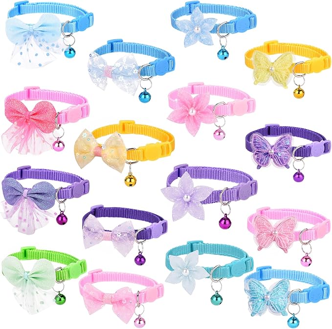 16 PCS Cute Cat Collars Breakaway with Bell for Boy Cats and Girl Cats Gifts (#2-Multicolor Lace)-PawvioPets