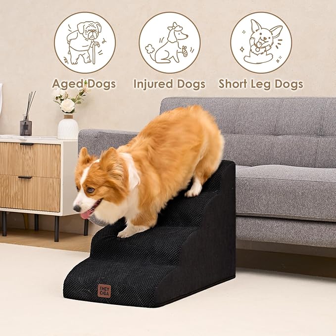 EHEYCIGA Curved Dog Stairs Ramp for High Beds 19.7" H, 4-Step Dog Steps for Small Dogs and Cats, Pet Stairs for High Bed Climbing, Non-Slip Balanced Pet Step Indoor, Black-PawvioPets