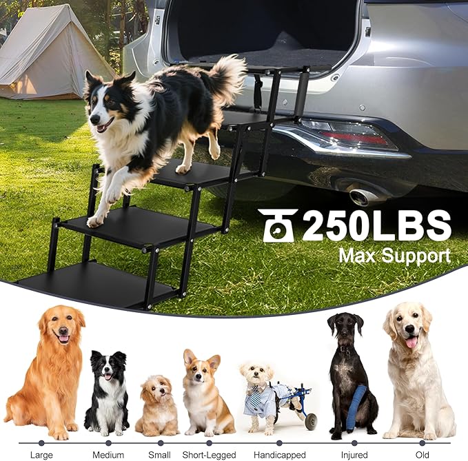 Extra Wide 5 Steps Dog Stairs for Large Dogs, Foldable Dog Ramp for Car with Non-Slip Surface, Lightweight Dog Stairs for Cars, Dog Steps for Cars, SUV, High Beds, Truck, Supports up to 250 lbs-PawvioPets