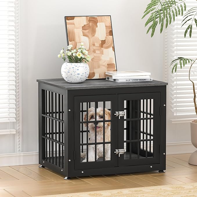 26 Inch Heavy Duty Dog Crate Furniture for Small Dogs, Decorative Pet House End Table, Wooden Cage Kennel Furniture Indoor, Gray-PawvioPets