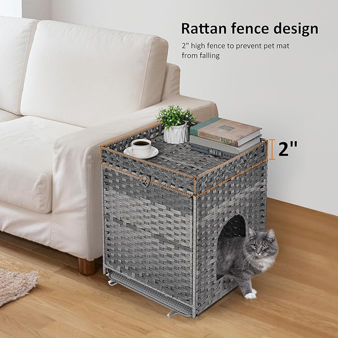 Cat Litter Box Enclosure with Soft Litter Mat; Hidden Kitten Washroom Furniture with Door; Handwoven Rattan Cat House; Pet Crate for Living Room, Bedroom, Balcony (Grey)-PawvioPets