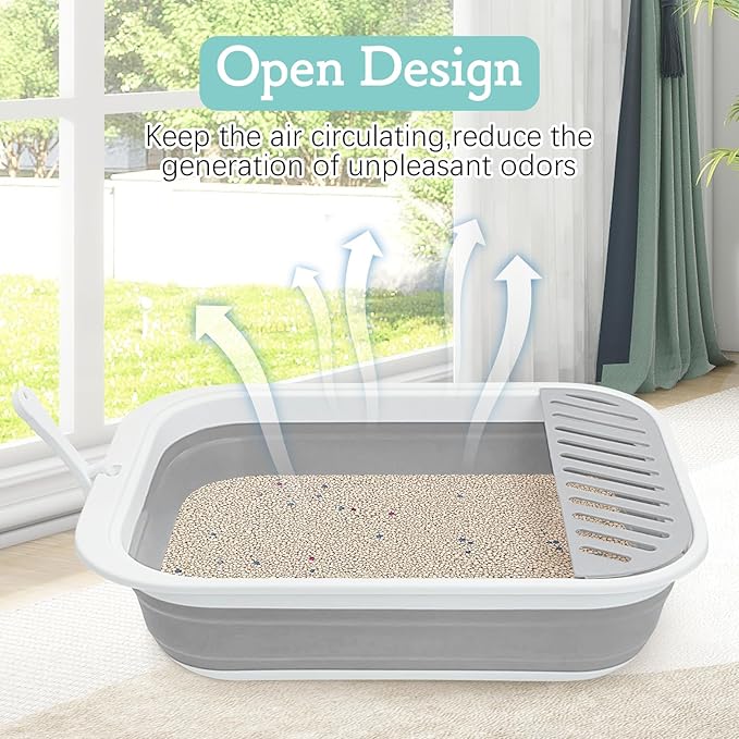 Fhiny Cat Litter Box Portable Shallow Litter Box 17.7"x13.4"x4.9" Foldable Cat Toilet with Scoop Open Kitty Potty Pan with Litter Drop Pedal Easy to Clean Travel Kitten Toilet(Gray)-PawvioPets