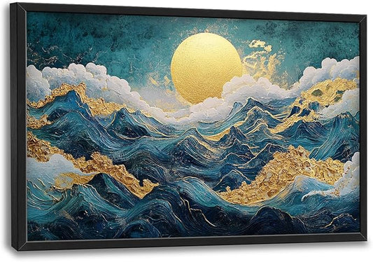 Framed Large Sun Mountain Wall Art, Oversized Teal and Golden Sun Wall Decor for Living Room, Abstract Landscape Canvas Painting Modern Artwork Home Decoration for Living Room Bedroom 36"x24"-PawvioPets