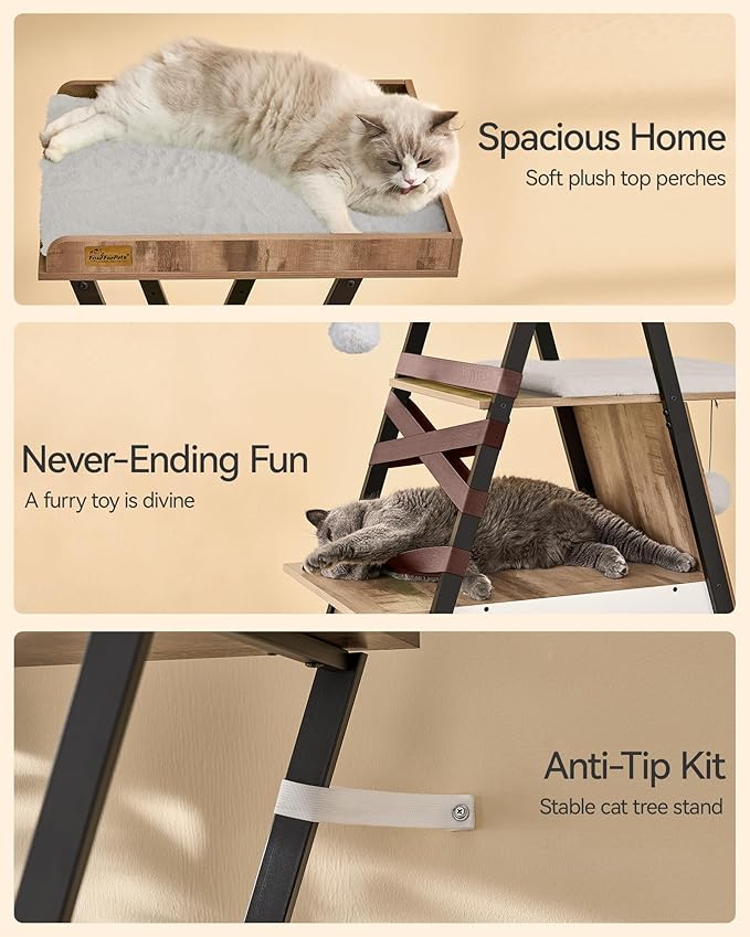 FourFurPets 72.4" Cat Tree, Modern Cat Tower for Indoor Cats, Multi-Level Cat Condo with Caves, Tall Cat Tree with Cat Scratching Board, Wooden Cat Tower with Large Perch, Removable Pads, Camel Brown-PawvioPets