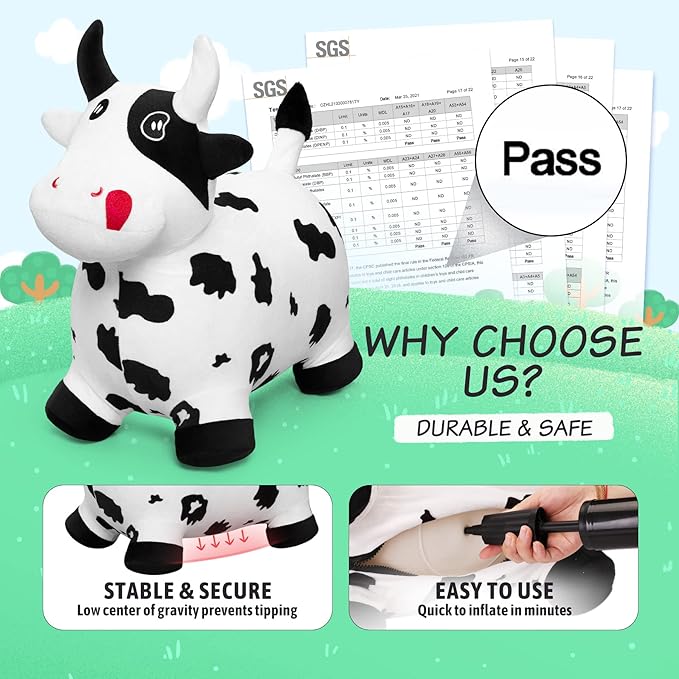 EVERICH TOY Bouncy Horse Cow Toys, Inflatable Bouncing Animal Hopping Toys, Outdoor Indoor Ride on Bouncer, Boys Girls Birthday Gift for 18 Month 2 3 4 5 6 Year Old Kid- Plush Cow Toy-PawvioPets