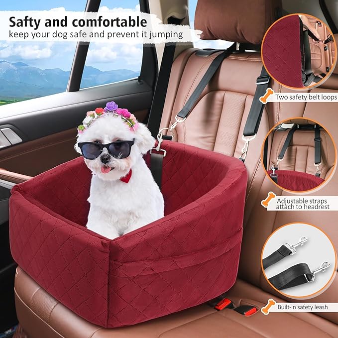 Dog Car Seat for Small Medium Dogs,Detachable Washable Dog Booster Seat Under 30lbs, Pet Car Seats Travel Bed with Storage Pockets and Safety Belt(Red)-PawvioPets