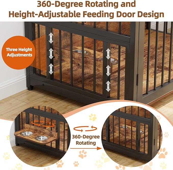 Furniture Style Dog Crate with Storage, 48 Inch Dog Crate Furniture with Double Doors, 2 Stainless Steel Bowls, Dog Crate Furniture-Style Crate for Large/Medium Dog-PawvioPets