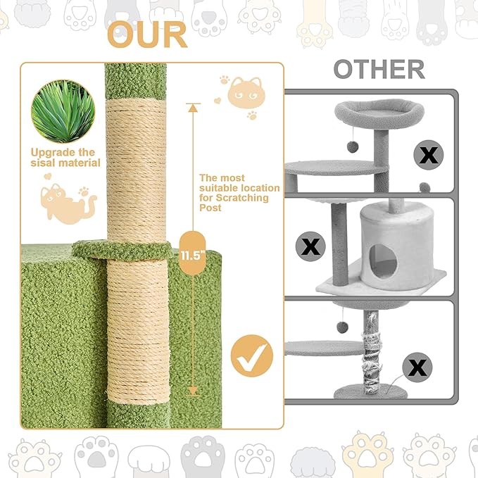 24 Inch Cat Tree Condo for Indoor Cats with Floral Sisal Scratching Post, Plush Hang Ball Play Furniture for Kittens Cats, Yellow-PawvioPets