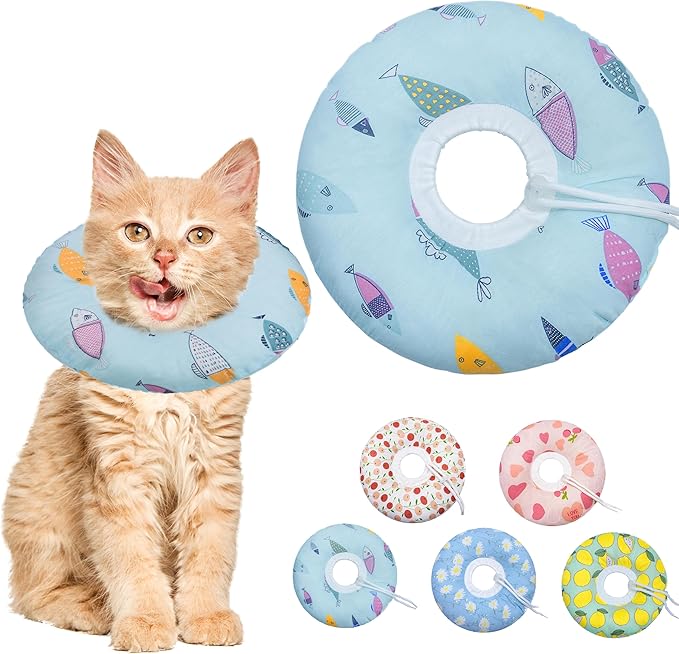 Cat Cone Collar Soft, Kitten Spay Soft Cones to Stop Licking, Cat Neck Donut Pillow After Surgery, Kittens Protective Collar After Spay, Cute Recovery Cone for Cats (Blue Fish, Small)-PawvioPets