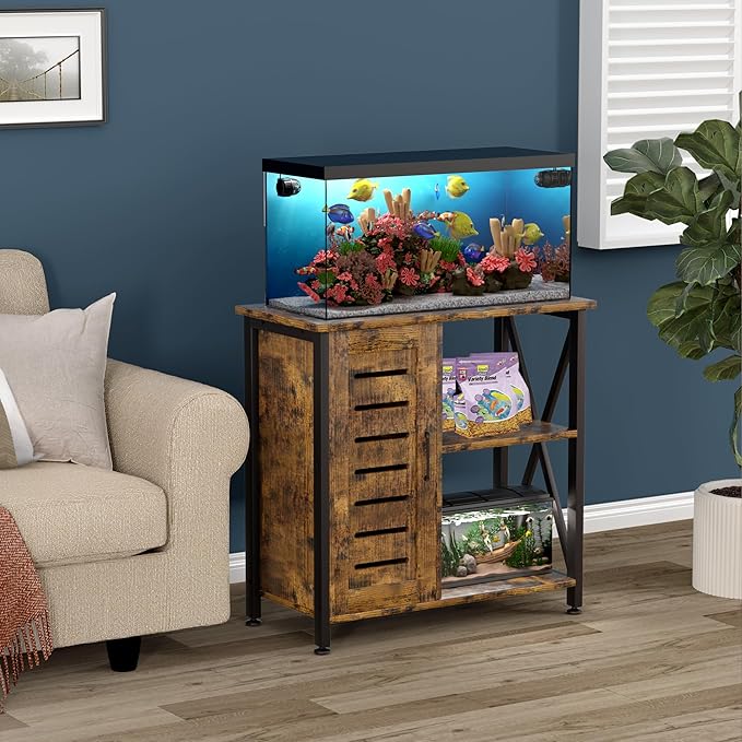 20-29 Gallon Fish Tank Stand, Aquarium Stand with Cabinet Accessories Storage, Heavy Duty Metal Frame, 31.49" L*15.74" W Tabletop, 330LBS Capacity, Rustic Brown PG07YGN-PawvioPets