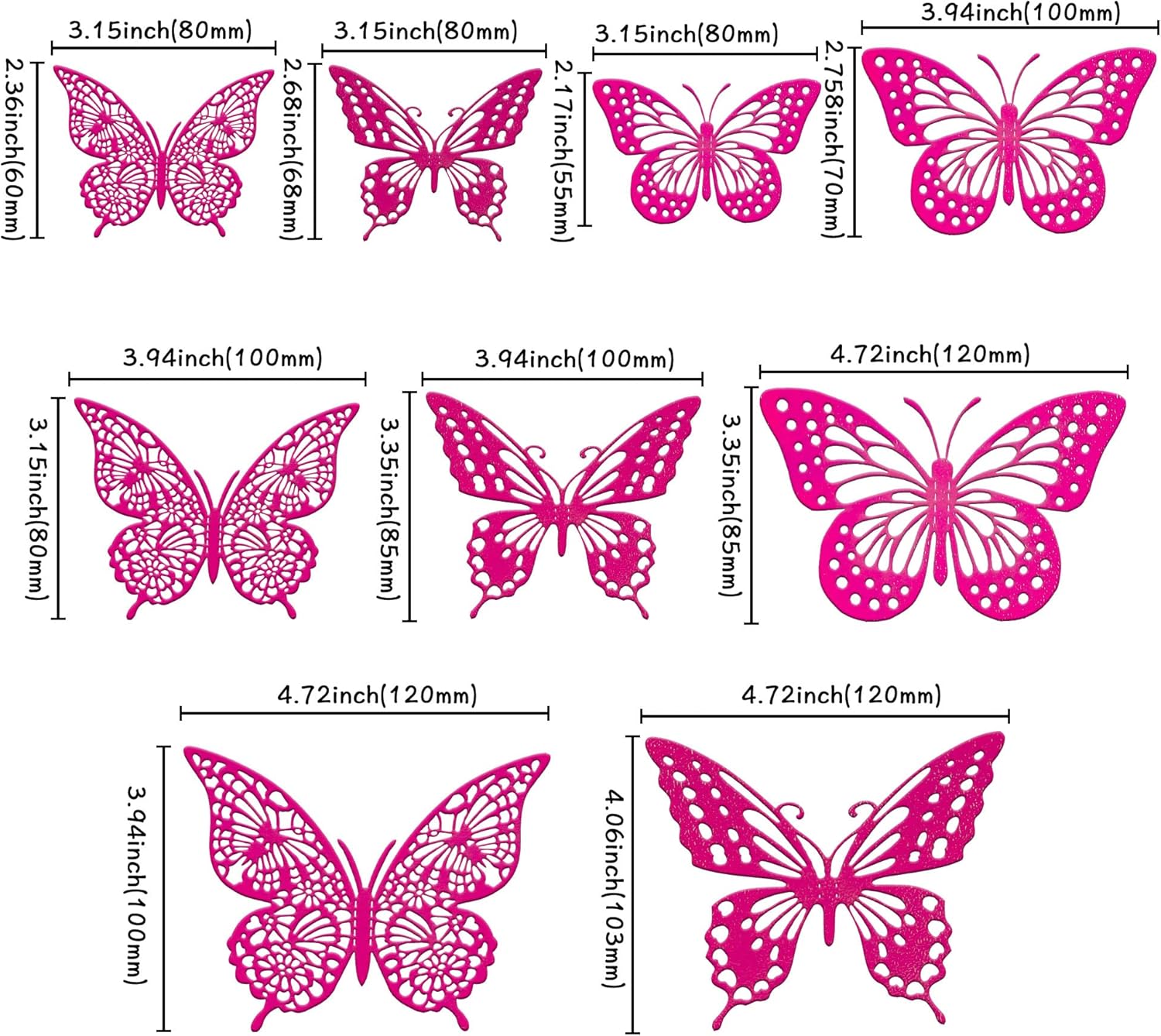 Gyufise 36 Pack Laser Purple Red Glitter 3D Butterfly Cupcake Toppers Hollow Cake Decorations for Birthday Wedding Fairy Party Wall Sticker Decal