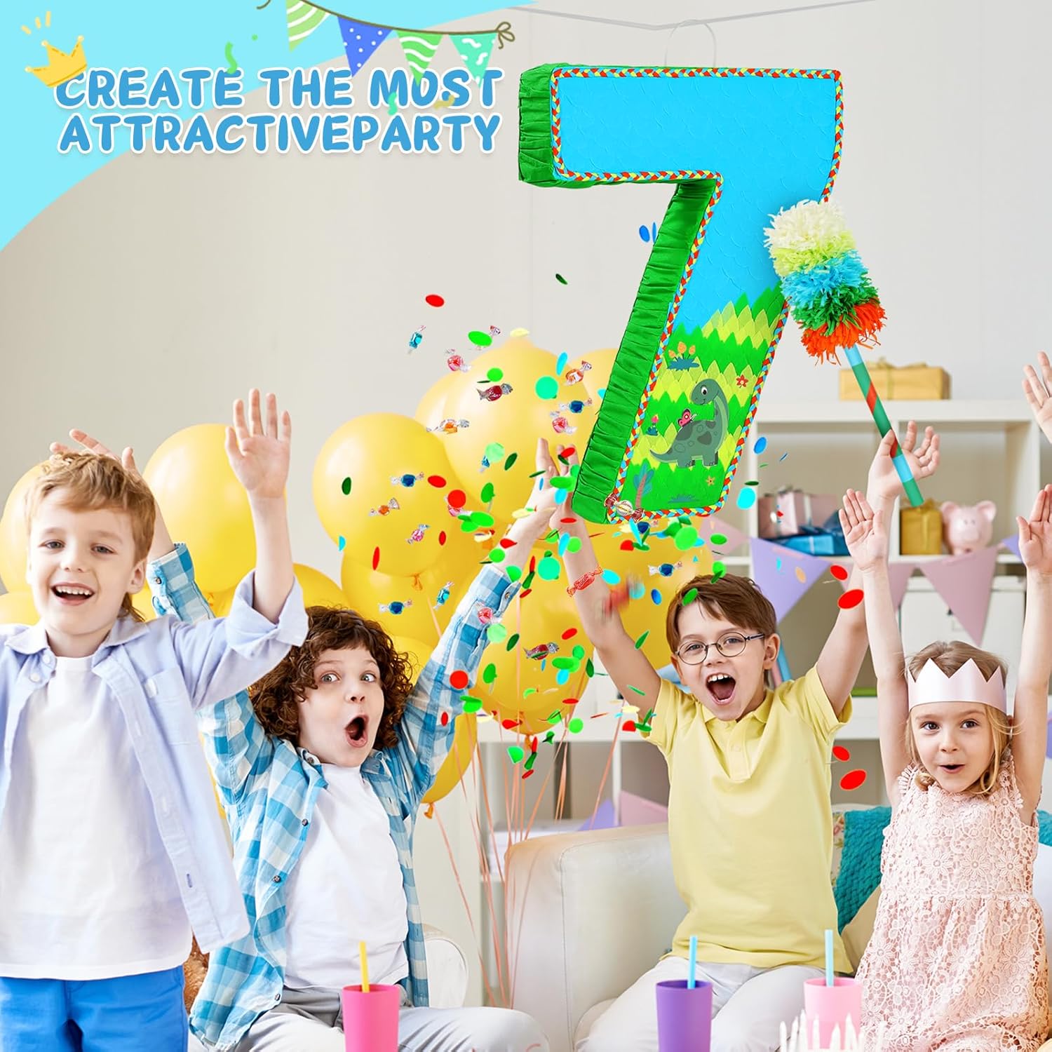 Number 7 Pinata for Birthday Party Decorations, Jungle Dinosaur Piñata Games Toy (7th)