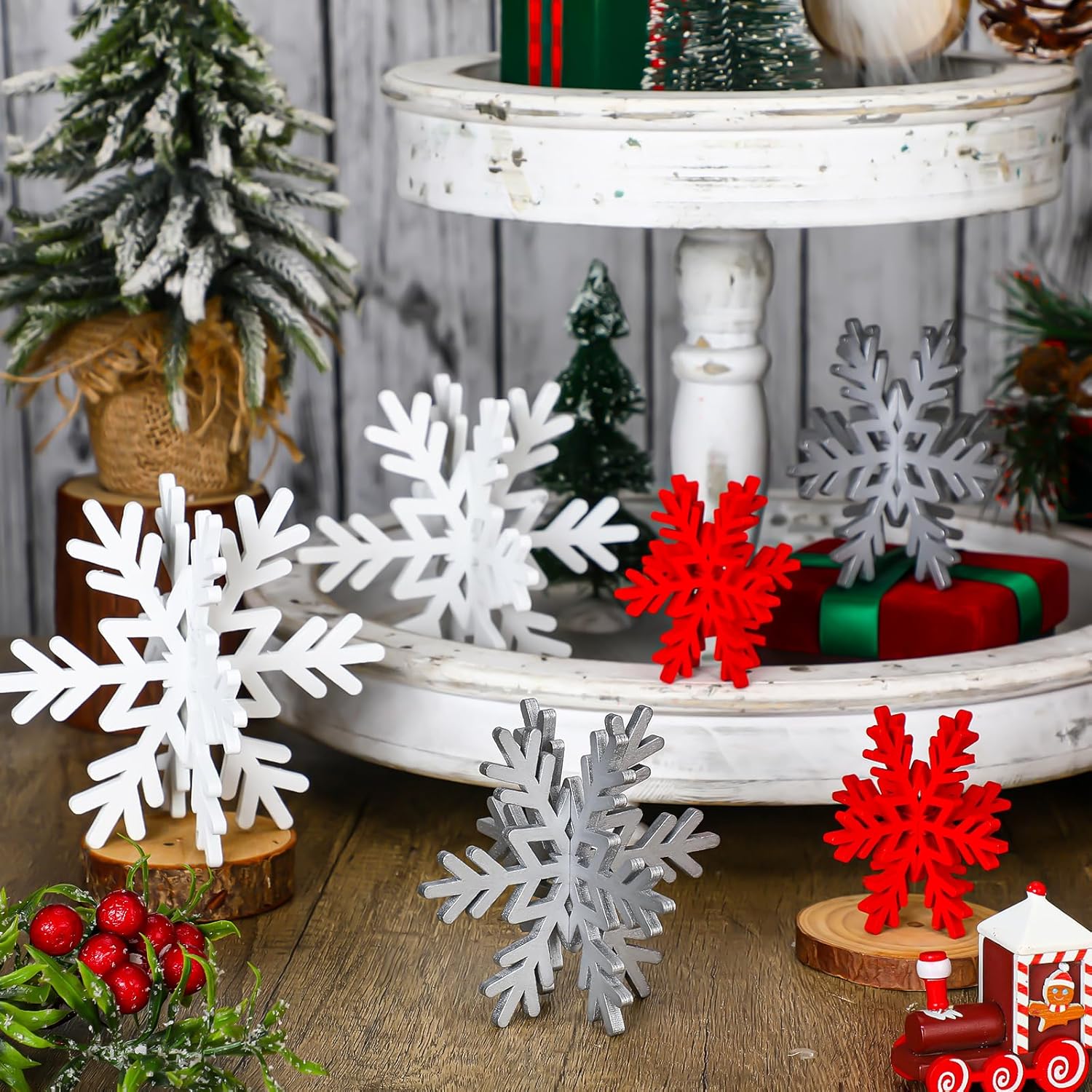 Qunclay 20 Pcs Wooden Snowflake Decorations 3D Snowflake Tabletop Decor Christmas Signs and Centerpiece for Winter Wonderland Decorations Xmas Tiered Tray Decor(Red, Gray, White)