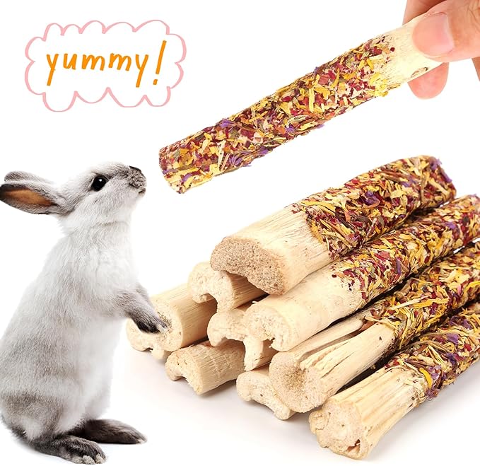 Abizoo Natural Rabbit Chew Toys,10 Sticks Sweet Bamboo Sticks for Rabbits with Petals,Bunny Chew Toys for Guinea Pig,Chinchilla,Hamster Treats Pet Wood Chews Snack Healthy Small Animals Toys for Teeth-PawvioPets