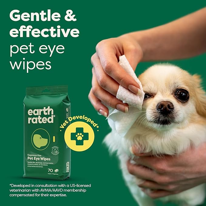 Earth Rated Vet-Developed Pet Eye Wipes, Hypoallergenic Cleaner for Dogs & Cats Eyes to Remove Dirt & Discharge, Fragrance Free, 70 Count-PawvioPets
