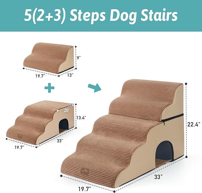 Extra Wide Dog Stairs with Tunnel, Detachable Large Pet Step for Small Medium Dog, Puppy or Cat, Ramp for High Bed, Couch, Sofa or Car, Stable, 19.7x33x22.4 inch, 5 Step, Light Brown-PawvioPets
