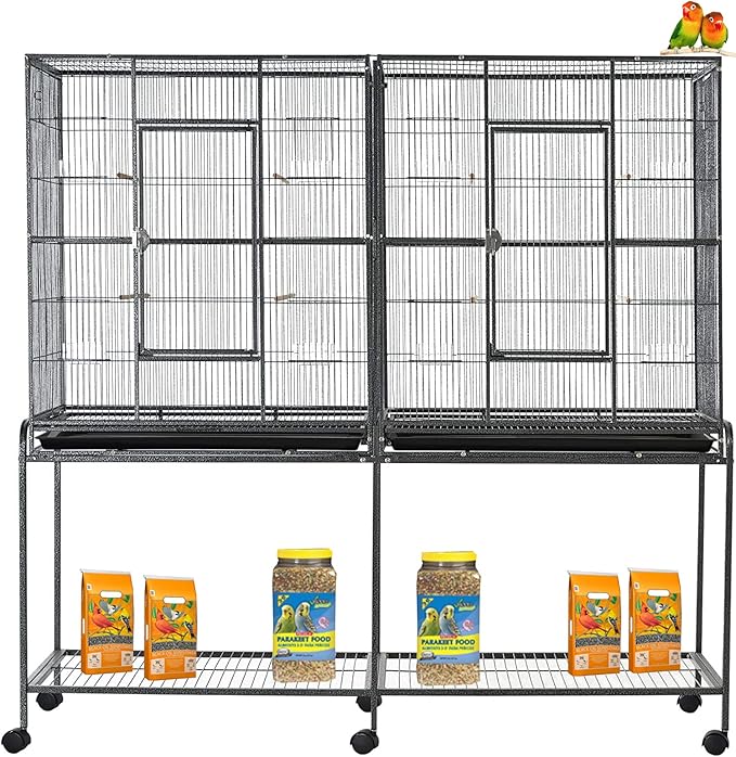 64" Extra Large Double Flight Bird Wrought Iron Double Cage Slide Out Center Divider Side Nesting Box Door Parrot Cage Cockatiel Conure with Removable Rolling Stand Storage Shelf-PawvioPets